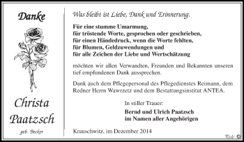 Traueranzeige von Christa Paatzsch von WVG - Wochenspiegel NMB / WSF / ZTZ