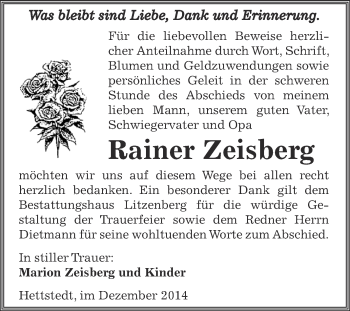 Traueranzeige von Rainer Zeisberg von Wochenspiegel Mansfelder Land