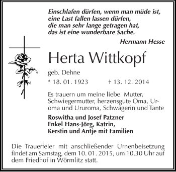Traueranzeige von Herta Wittkopf von Mitteldeutsche Zeitung Halle/Saalkreis