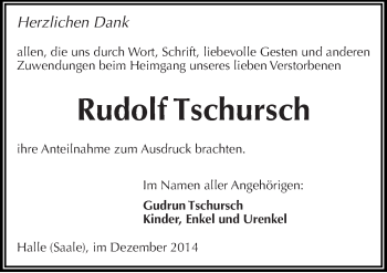 Traueranzeige von Rudolf Tschursch von Mitteldeutsche Zeitung Halle/Saalkreis