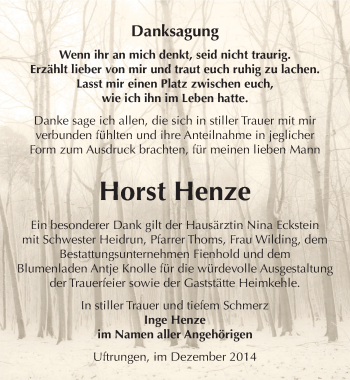 Traueranzeige von Horst Henze von Mitteldeutsche Zeitung Sangerhausen