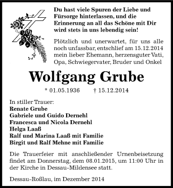 Traueranzeige von Wolfgang Grube von Mitteldeutsche Zeitung Dessau-Roßlau