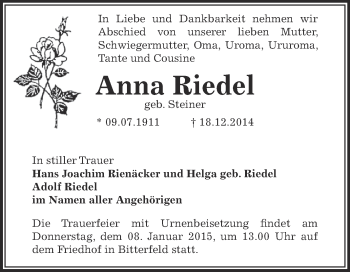 Traueranzeige von Anna Riedel von WVG - Wochenspiegel Bernburg