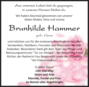 Traueranzeige von Brunhilde Hammer von Mitteldeutsche Zeitung Sangerhausen