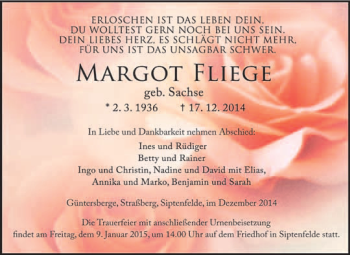 Traueranzeige von Margot Fliege von WVG - Wochenspiegel Quedlinburg