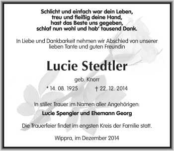 Traueranzeige von Lucie Stedtler von Mitteldeutsche Zeitung Mansfelder Land