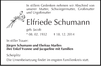 Traueranzeige von Elfriede Schumann von Mitteldeutsche Zeitung Naumburg/Nebra