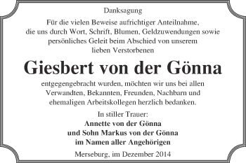 Traueranzeige von Giesbert von der Gönna von Super Sonntag Merseburg
