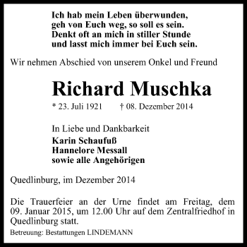 Traueranzeige von Richard Muska von Super Sonntag Quedlinburg