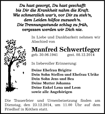 Traueranzeige von Manfred Schwertfeger von Mitteldeutsche Zeitung Köthen
