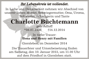Traueranzeige von Charlotte Büchtemann von WVG - Wochenspiegel Aschersleben