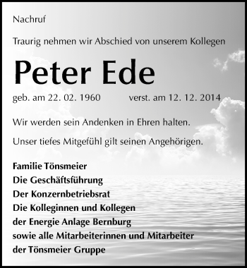 Traueranzeige von Peter Ede von Mitteldeutsche Zeitung Bernburg