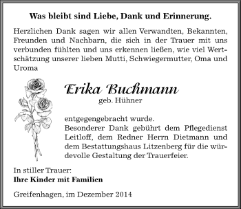 Traueranzeige von Erika Buchmann von Mitteldeutsche Zeitung Mansfelder Land