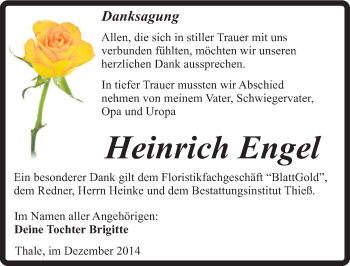 Traueranzeige von Heinrich Engel von Mitteldeutsche Zeitung Quedlinburg