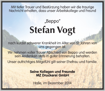 Traueranzeige von Stefan Vogt von Mitteldeutsche Zeitung Halle/Saalkreis