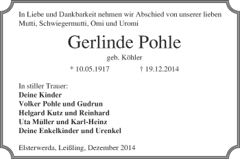 Traueranzeige von Gerlinde Pohle von WVG - Wochenspiegel NMB / WSF / ZTZ