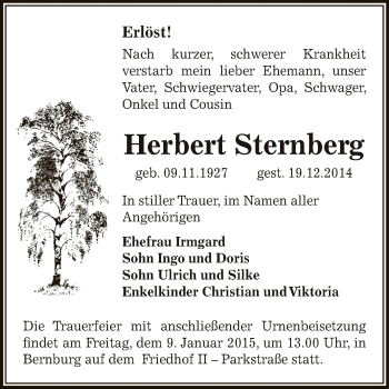 Traueranzeige von Herbert Sternberg von Super Sonntag Bernburg