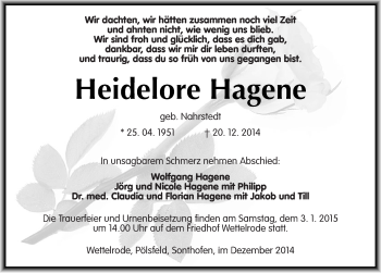 Traueranzeige von Heidelore Hagene von Mitteldeutsche Zeitung Sangerhausen
