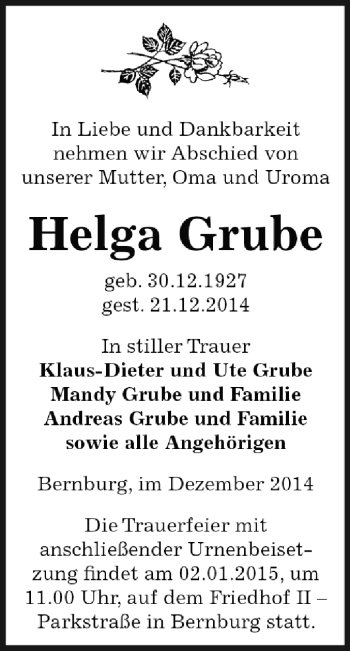 Traueranzeige von Helga Grube von Super Sonntag Bernburg