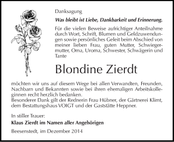 Traueranzeige von Blondine Zierdt von Mitteldeutsche Zeitung Halle/Saalkreis