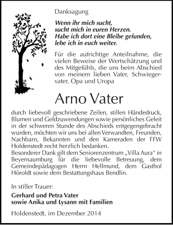 Traueranzeige von Arno Vater von Mitteldeutsche Zeitung Sangerhausen