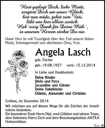 Traueranzeige von Angela Lasch von WVG - Wochenspiegel NMB / WSF / ZTZ
