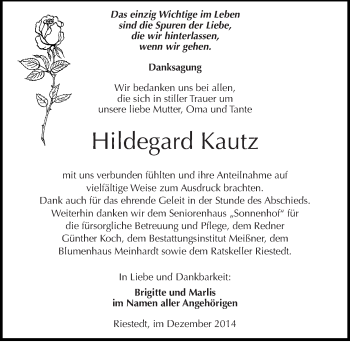 Traueranzeige von Hildegard Kautz von Mitteldeutsche Zeitung Sangerhausen