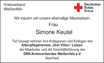 Traueranzeige von Simone Keutel von WVG - Wochenspiegel NMB / WSF / ZTZ