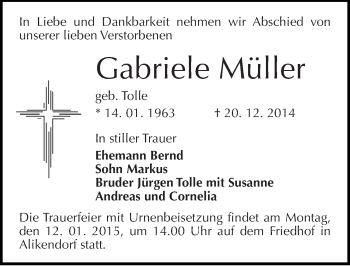 Traueranzeige von Gabriele Müller von Mitteldeutsche Zeitung Bernburg