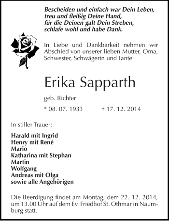 Traueranzeige von Erika Sapparth von Mitteldeutsche Zeitung Naumburg/Nebra