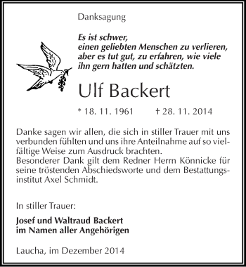 Traueranzeige von Ulf Backert von Mitteldeutsche Zeitung Naumburg/Nebra