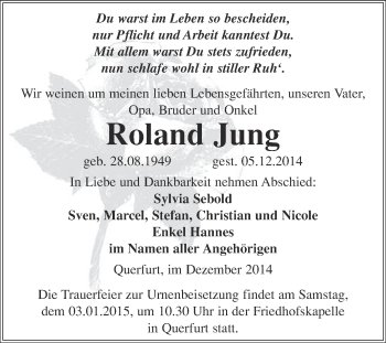 Traueranzeige von Roland Jung von WVG - Wochenspiegel Merseburg