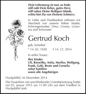 Traueranzeige von Gertrud Koch von Mitteldeutsche Zeitung Sangerhausen
