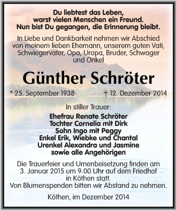 Traueranzeige von Günther Schröter von Mitteldeutsche Zeitung Köthen