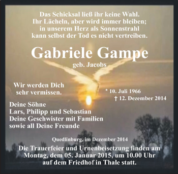 Traueranzeige von Gabriele Gampe von Mitteldeutsche Zeitung Quedlinburg