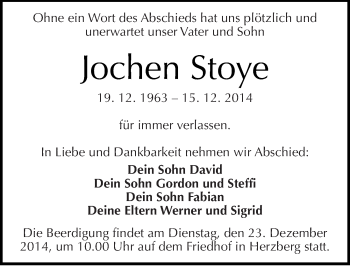 Traueranzeige von Jochen Stoye von Mitteldeutsche Zeitung Wittenberg