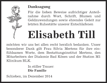 Traueranzeige von Elisabeth Till von WVG - Wochenspiegel NMB / WSF / ZTZ