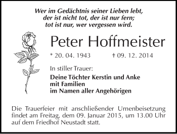 Traueranzeige von Peter Hoffmeister von Mitteldeutsche Zeitung Halle/Saalkreis