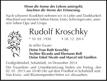 Traueranzeige von Rudolf Kroschky von Mitteldeutsche Zeitung Merseburg/Querfurt
