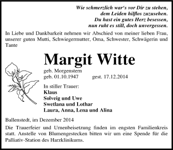 Traueranzeige von Margit Witte von Mitteldeutsche Zeitung Quedlinburg