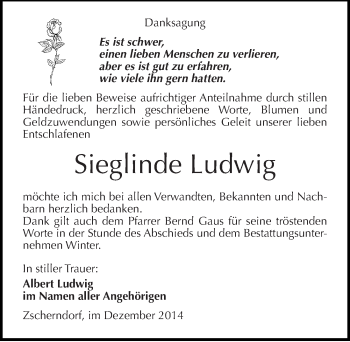 Traueranzeige von Sieglinde Ludwig von Mitteldeutsche Zeitung Bitterfeld