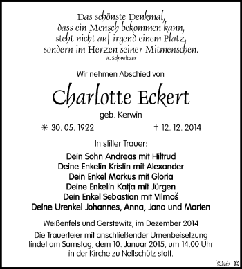 Traueranzeige von Cbarlotte Eckert von WVG - Wochenspiegel NMB / WSF / ZTZ