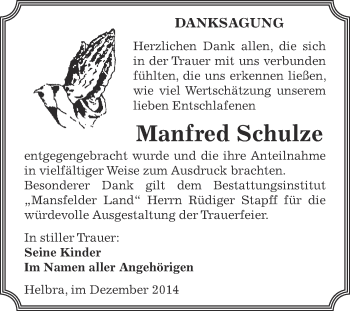 Traueranzeige von Manfred Schulze von Wochenspiegel Mansfelder Land