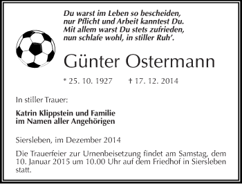Traueranzeige von Günter Ostermann von Mitteldeutsche Zeitung Mansfelder Land