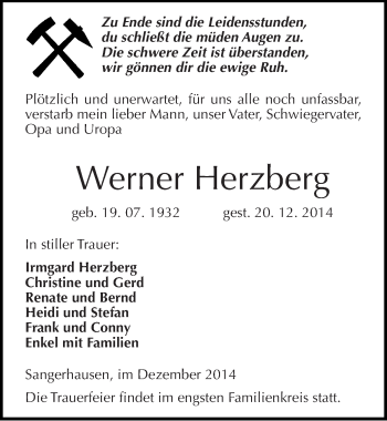 Traueranzeige von Werner Herzberg von Mitteldeutsche Zeitung Sangerhausen