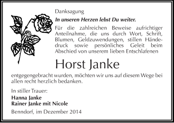 Traueranzeige von Horst Janke von Mitteldeutsche Zeitung Mansfelder Land