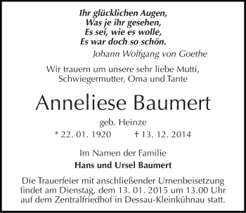 Traueranzeige von Anneliese Baumert von Mitteldeutsche Zeitung Dessau-Roßlau