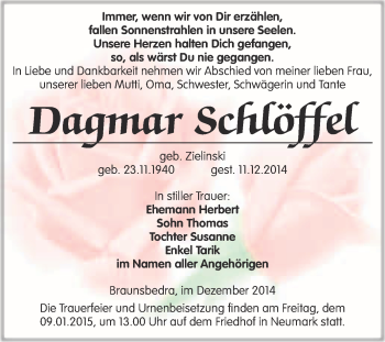 Traueranzeige von Dagmar Schlöffel von WVG - Wochenspiegel Merseburg