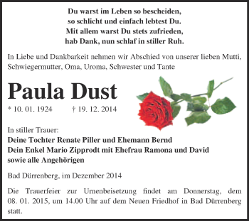 Traueranzeige von Paula Dust von Super Sonntag Merseburg