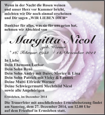 Traueranzeige von Margitta Nicol von Mitteldeutsche Zeitung Quedlinburg
